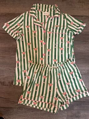 BedHead Kids Green & White Striped Pajama Set with Pink Cocktail Motif
